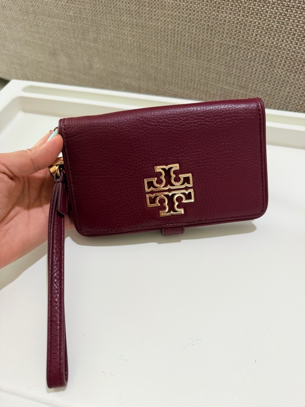 Tory Burch Wine Leather Wristlet with Gold Logo
